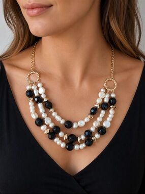 Gold Tone Black & Faux Pearl Triple Strand Statement Necklace
